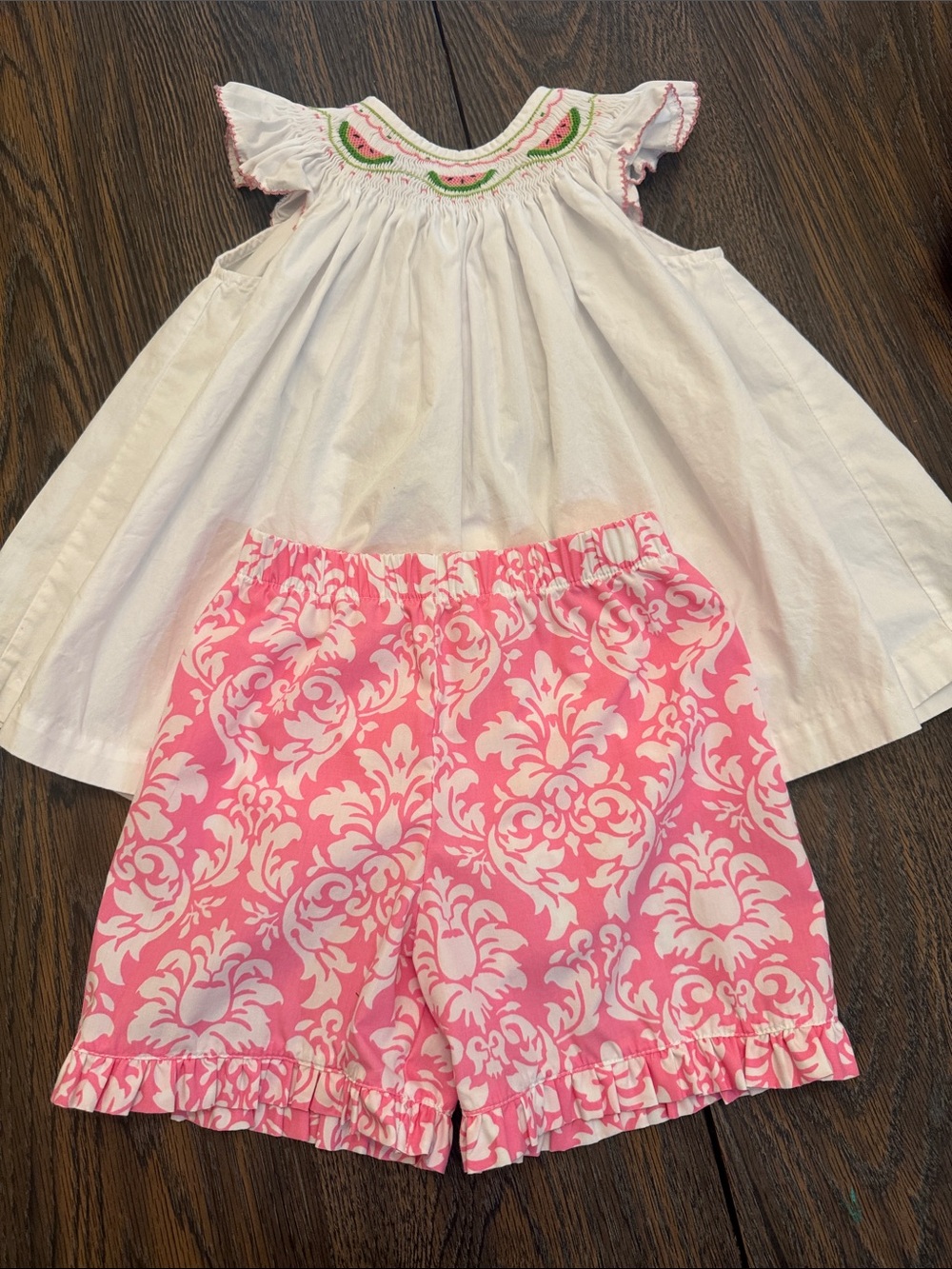 Southern Sunshine 5 White Smocked watermelon Top with Pink Floral Shorts